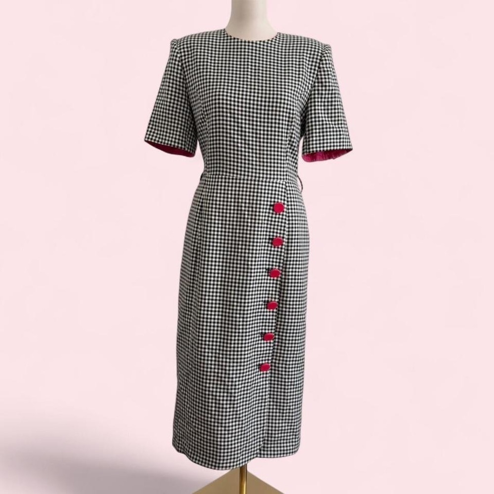 Vintage Harvé Benard Black & White‎ Gingham Dress with Pink Buttons — Size 12
